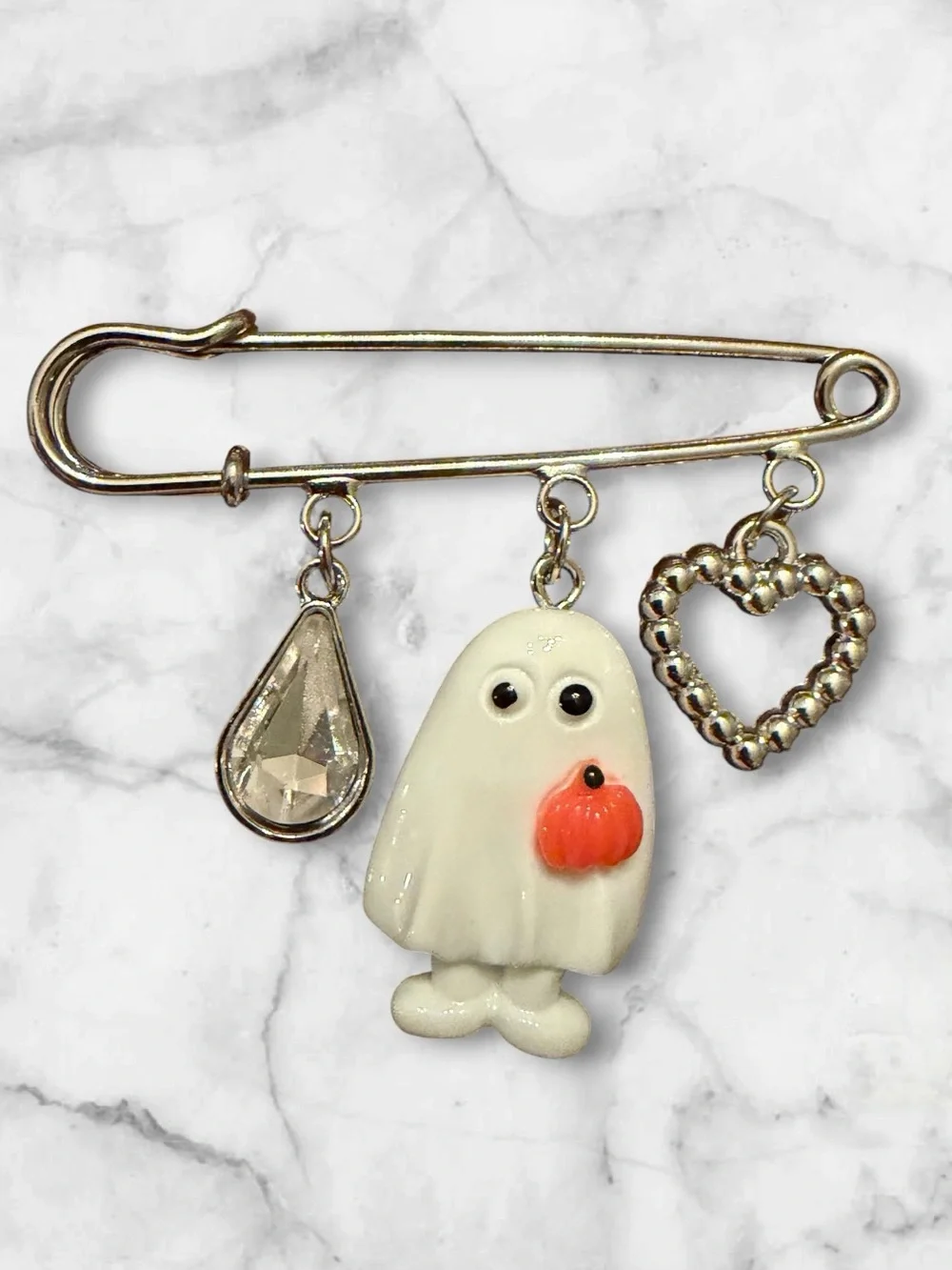 Silver Charm Safety Pin Brooch with Ghost and Heart Charms
